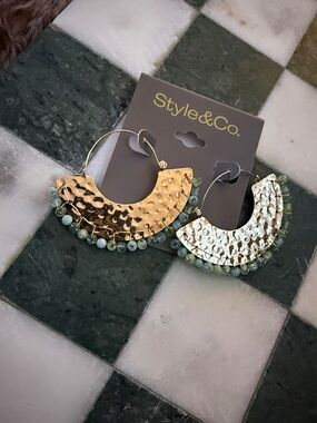 Style & Co. Gold Hammered Crescent Hoops with Seafoam Beads